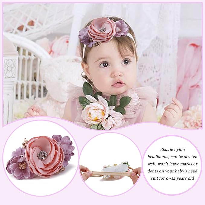 Baby Girl Flower Headband 6 PCS Elastic Hairbands Handmade Nylon Bows Headbands Chic Floral Hair Accessories Kids Gifts for Newborn Infant Toddlers