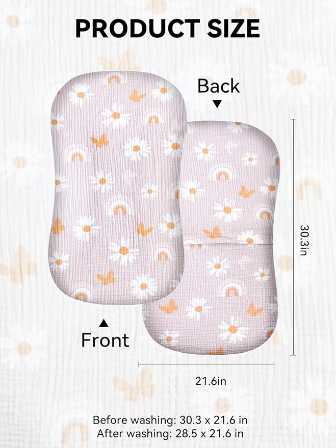 TILLYOU Muslin Baby Lounger Cover, 100% Cotton Newborn Lounger Cover, 2 Pack Baby Nest Slipcover for Boys Girls, Cover Only, Pink Butterfly