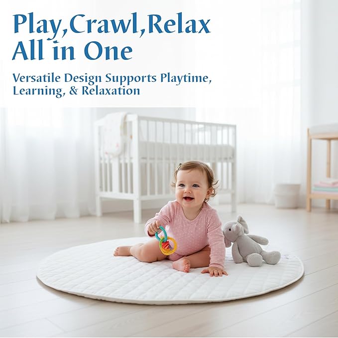 Baby Playmat 47x47 inch | Soft Linen Cotton, Non-Slip & Foldable | Washable Indoor Outdoor Mat for Infants & Toddlers with Carry Bag (Round) (Ivory Cloud)
