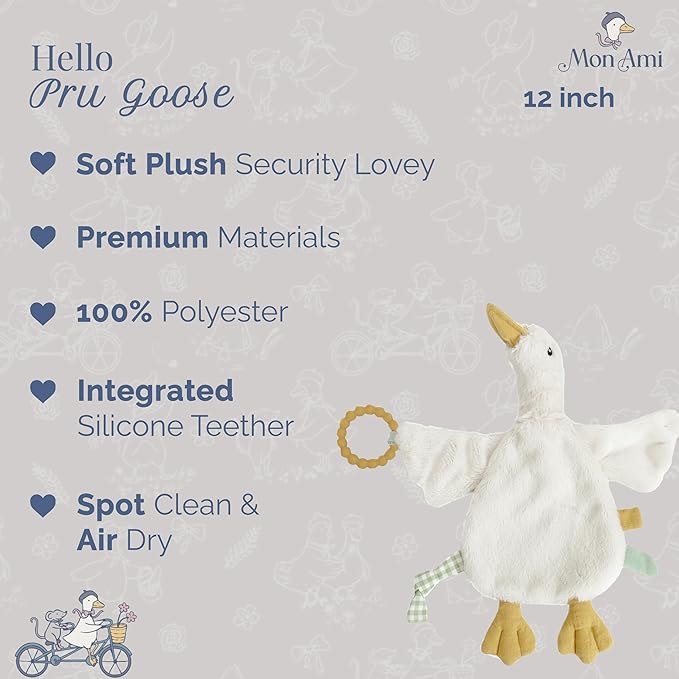 MON AMI PRU Goose Teether Lovie | 12-Inch Baby Security Blanket with Silicone Teether | Soft Plush Lovey for Teething Relief & Comfort