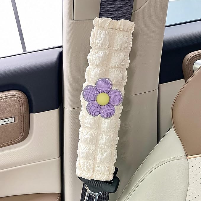 Car Seat Belt Cover Pad, 2 Pack Flower Car Accessorie Seatbelt Covers Cushion Neck Shoulder Strap Protector Universal Seat Belt Cover for Adults and Kids (Purple and Yellow)