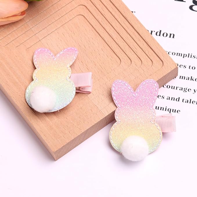 Easter Hair Clips for Girls, 2pcs Gradient Bunny with Cotton Tail Hair Accessories, Baby Hair Alligator Barrettes Cute Rabbit Hairpins Toddlers Kids for Party Princess Cosplay Decoration