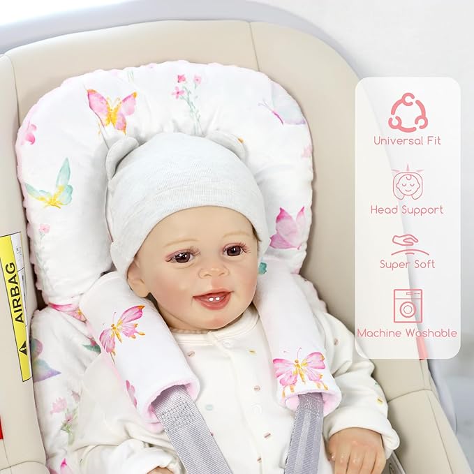 Infant Car Seat Insert for Newborn Girls Boys, Reversible Baby Carseat Head Support with Strap Pads, Soft Baby Car Seat Insert Cushion Pad for Stroller, Bouncer, Swing, High Chair, Pink Butterfly