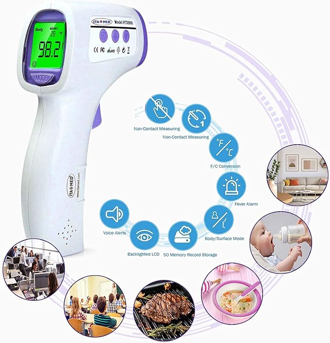 ITA-MED Digital Non-Contact Infrared Forehead Thermometer for Adults & Kids, Accurate Instant Reading, Dual Mode Body & Surface ˚C / ˚F, Intelligent Temperature/Fever Alert, Batteries Included