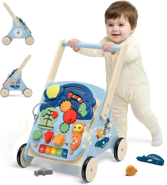 Wiqins Wooden Baby Push Walker, 10-in-1 Baby Walker Toys with Wheels for Toddlers 18 Months, Detachable Montessori Activity Board Toy & Storage for 1 Year Old Boys Girls Learning to Walk