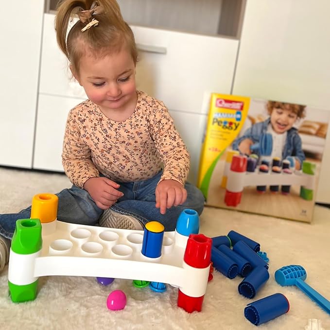 Quercetti: Hammer Peggy - Classic Peg Pounding Bench Toy, Interactive & Colorful, Raise & Lower The Sturdy Board, Cause-Effect Play, Toddler-Kid 18mo+