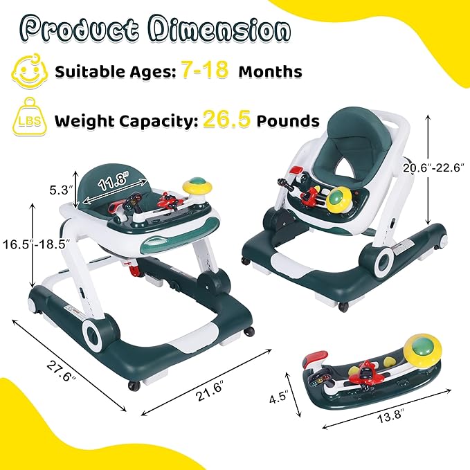 TODEFULL 6 in 1 Baby Walker, Baby Activity Walker for Toddler, Push Walker w/Adjustable Height Speed, Learning-Seated & Walk-Behind, Infant Walker w/Feeding Tray & Music Toys, Green