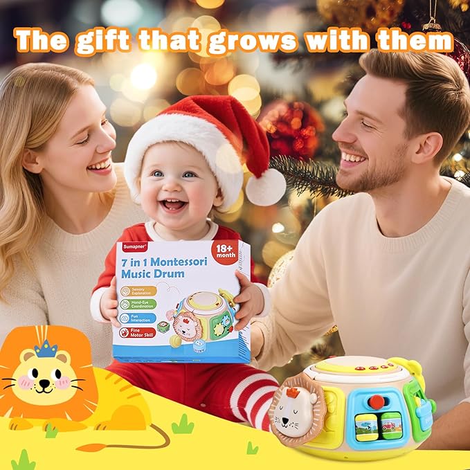 7-in-1 Activity Cube Drum Montessori Toys for Baby 18+ Months, Busy Toys for Toddlers with 9 Sensory Shape Blocks, Music & Light Educational Toys Christmas Birthday Gifts for Kids Boys Girls