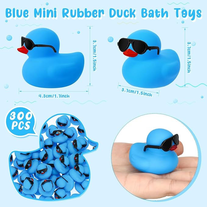 Hiboom 300 Pack Mini Rubber Ducks Set Bath Toys in Bulk with Sunglasses Float Squeak Tiny Baby Shower Rubber Duck Bathtub Pool Toy for Kids Party Birthday Supplies Prize Rewards(Blue)