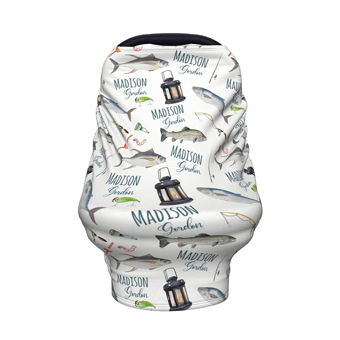 Personalized Baby Car Seat Cover for Boys Girls, Custom Nursing Covers for Breastfeeding with Name, Fishing Infant Stroller Cover, Baby Carseat Canopy for Newborn, Multiuse Car Seat Canopies