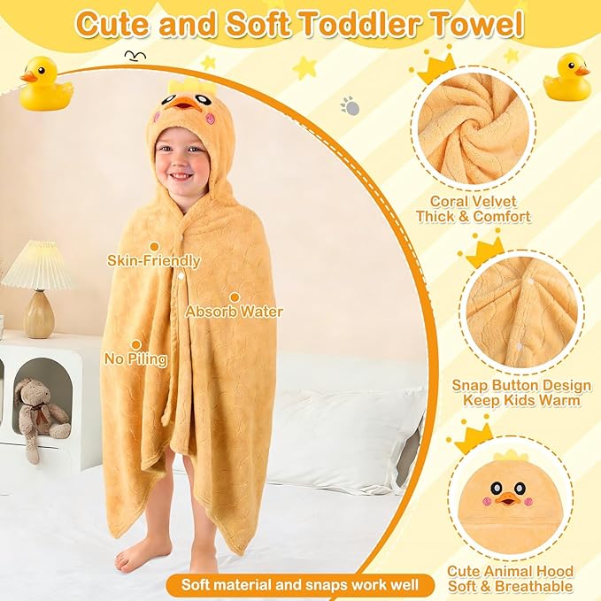Flasoo 4 Pcs Toddler Bath Towel Set, 1 Pc Toddler Hooded Towel & 3 Pcs Baby Washcloths, Large 27.5"X55" Hooded Towels Kids, Absorbent Soft Thick Toddler Towels for Boy Girl 0-5 Year (Yellow Duck)