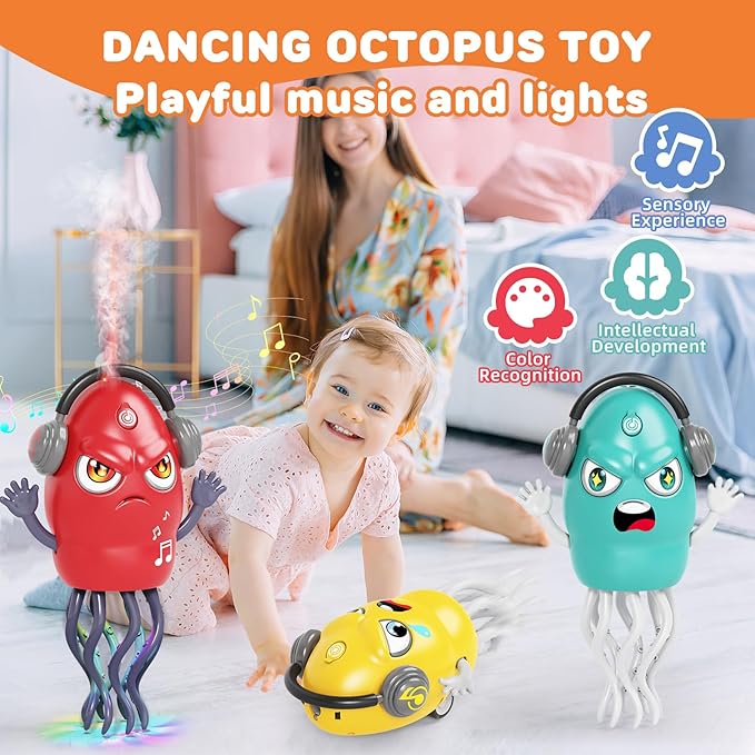 Dancing Squid Toy with Spray, Dancing Octopus Crawling Toys with Music and Lights, Electric Crawling Octopus Baby Toy, Tummy Time Squid Toys, Birthday Baby Gifts Christmas Stocking Stuffers (Yellow )