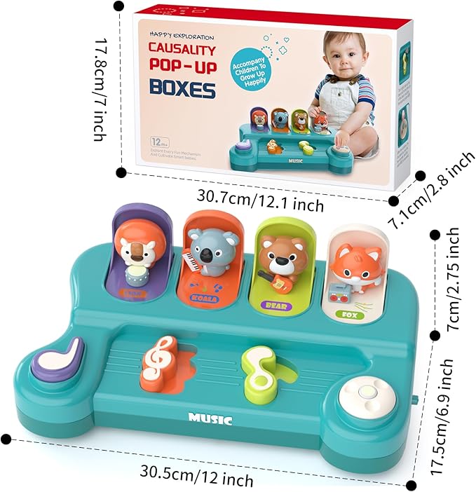 usrela Cause and Effect Toys for 1 Year Old Boy Girl, Baby Musical Toys 12-18 Month, Interactive Pop up Animal Toy for 12-24 Month Old, STEM Birthday Gift for Toddler Toys Age 1-2