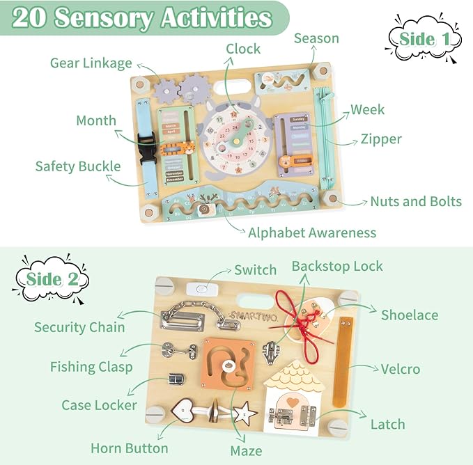 Double-Sided Wooden Busy Board for Toddlers, Sensory Activity Board, Montessori Travel Toy for Kids, Educational Toy for Autism, Ideal Choice for Baby Girls or Boys Birthday