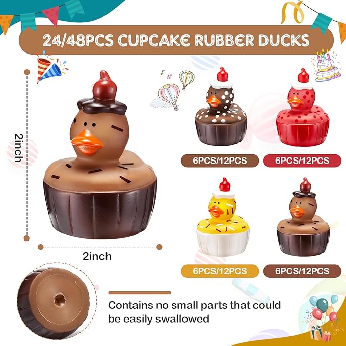 Deekin 24 Pcs Rubber Ducks 2" 4 Style Cute Ducks Bulk Small Assortment Duckies Pool Party Favors Decoration (Cupcake)