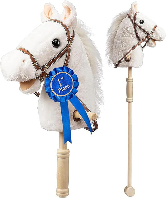 HollyHOME Stick Horse Plush with Detachable Blue Ribbon Champion Hobby Horse on Stick with Wood Wheels Real Pony Neighing and Galloping Sounds for Kids Toddlers White 36 Inches(AA Batteries Required)