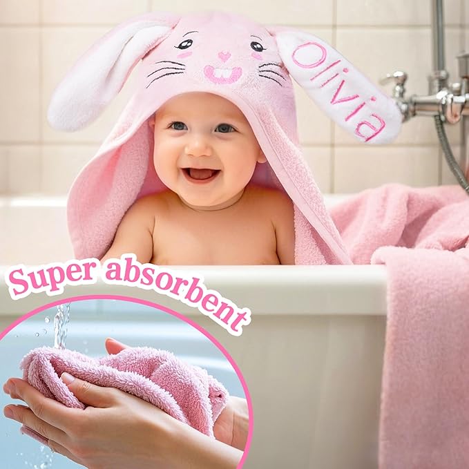 Custom Hooded Baby Towels with Name, Personalized Bunny Easter Gifts for Toddlers, Custom Baby Bath Towels for Newborn, Ultra Soft and Absorbent, Ideal for Girl Boy (Bunny)