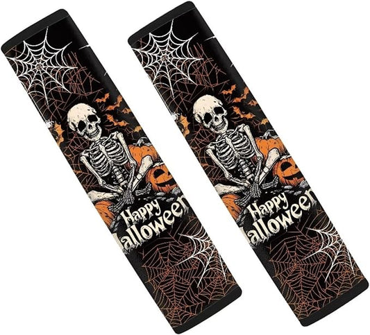 Biyejit Skeleton Webs Car Seat Belt Covers for Women Men Halloween Soft Non Slip Backpack Pads Cushions for Kids Students 2 Packs