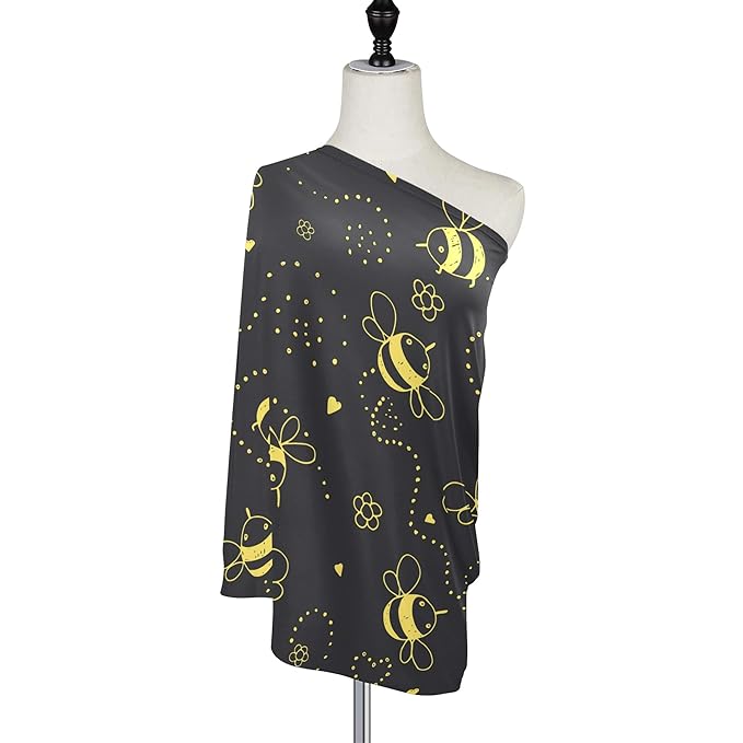 Cartoon Cute Bee Flower Heart Pattern Doodle On Black Stretchy Baby Car Seat Cover Infant Canopy Nursing Covers Breastfeeding Cover Breathable Windproof Winter Scarf for Boys Girls