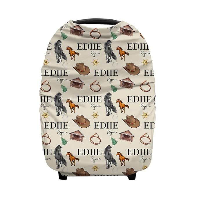 Personalized Baby Car Seat Cover for Boys Girls, Custom Cowboy Nursing Covers for Breastfeeding with Name, Infant Stroller Cover, Baby Carseat Canopy for Newborn, Multiuse Car Seat Canopies