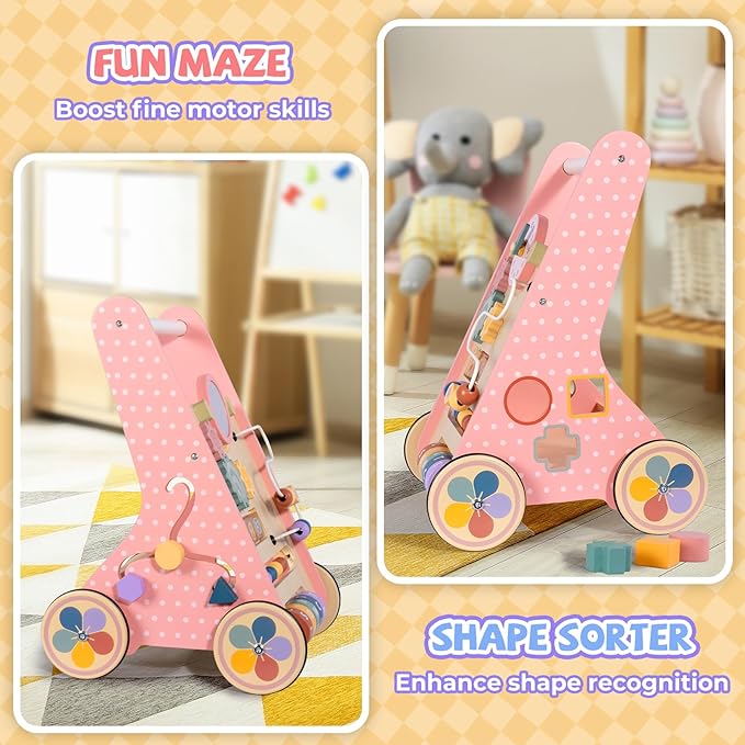 BAUTIA Wooden Baby Walker, Push Walker for Baby Girl 10-12 Months, Montessori Walker Push Toy for Toddlers Learning to Walk