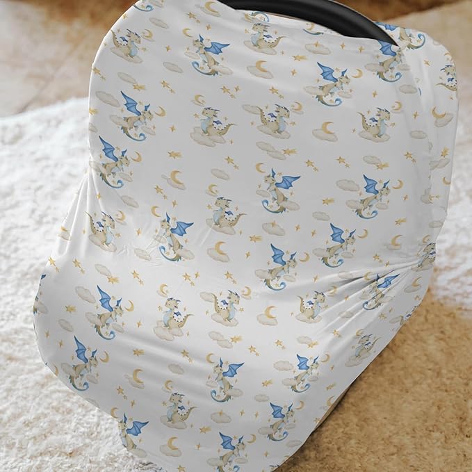 Fantasy Dragon Car Seat Cover for Baby Fairytale Dragons Moon Stars Clouds Trees Stretchy 5-in-1 Cover Adjustable Car Canopy Cover Myth Animal Breathable Nursing Cover-Up
