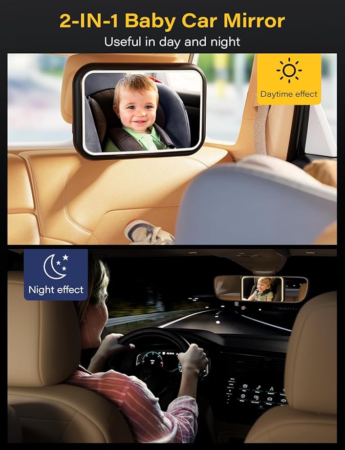 TAZENI Baby Car Mirror With Light for Baby Rechargeable Baby Mirror for Car Seat Rear Facing Hook Clip Design With Remote Control