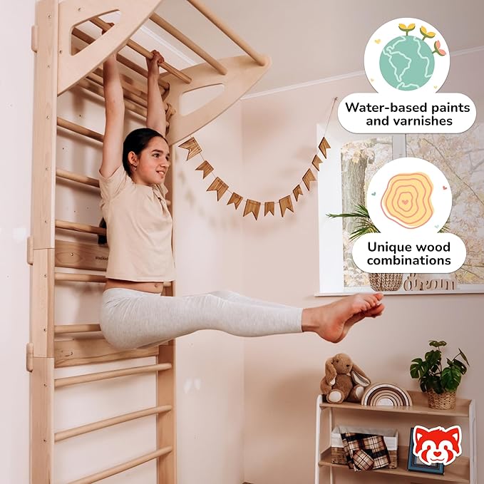Woodandhearts Swedish Ladder for Kids with Rope Accessories - Indoor Jungle Gym, Indoor Jungle Gym for Kids Ages 3-16, Indoor Climbing Gym (Swedish Ladder of 3 Parts (Natural Wood Color))