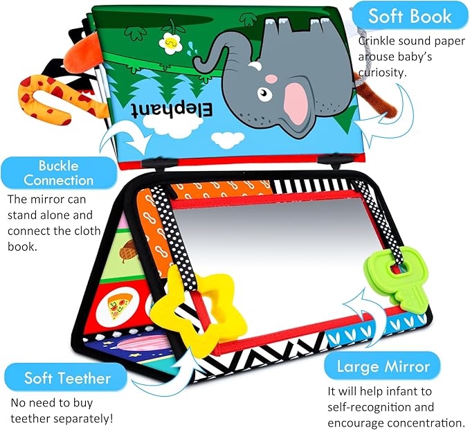 Aboosam Tummy Time Baby Mirror Toys 0-6 6-12 Months - Montessori Infant Toys Brain Development with Crinkle Cloth Book and Teether - High Contrast Newborn Sensory Toys for Babies Boys Girls Gifts