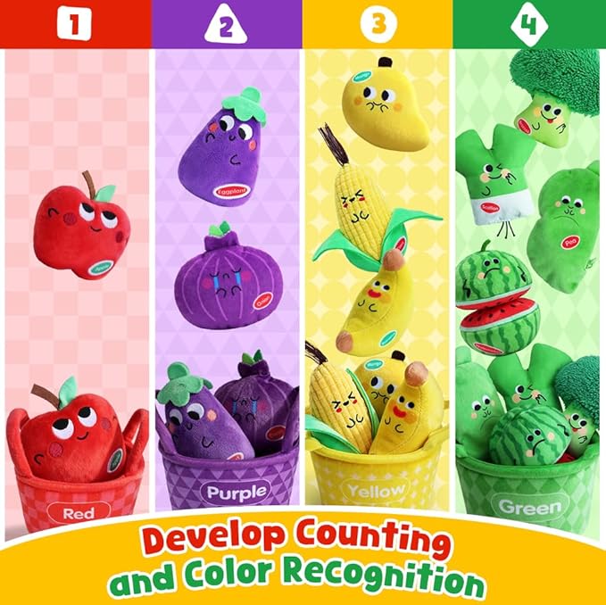 Sensory Bean Bags, Play Food for Toddler, My First Fruit Vegetable Basket Texture Sensory Toys with Crinkle Rattle, Color Sorting Matching Game, Easter Soft Plush Stocking Stuffers Baby Boy Girl