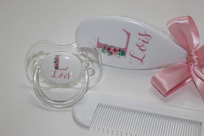 Personalized Baby Gift - Baby Brush, Comb & Pacifier - Suitable for Ages 0-3 Years, New Baby Gift - Pink Floral