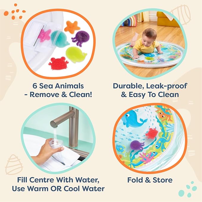 B. toys – Baby Inflatable Tummy Time Mat 6 Removable Sea Animals Water Activity Mat for Babies Easy to Clean – 6+ Months Wonder Waves