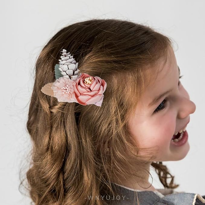 3pcs Girls Flower Hair Clips, Floral Hair Barrettes w/Boutique Fully Lined Alligator, Hair Bows for Baby Newborn Toddler
