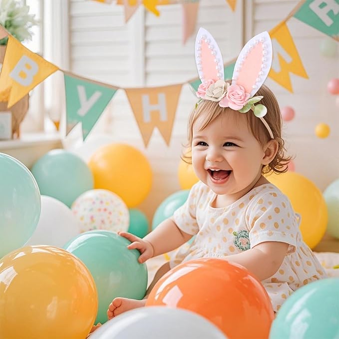 baotongle Pearl Bunny Headband Bunny Rose Ears Easter Headbands Baby Girls Flower Spring Newborn Toddler Infant Bunny Headbands