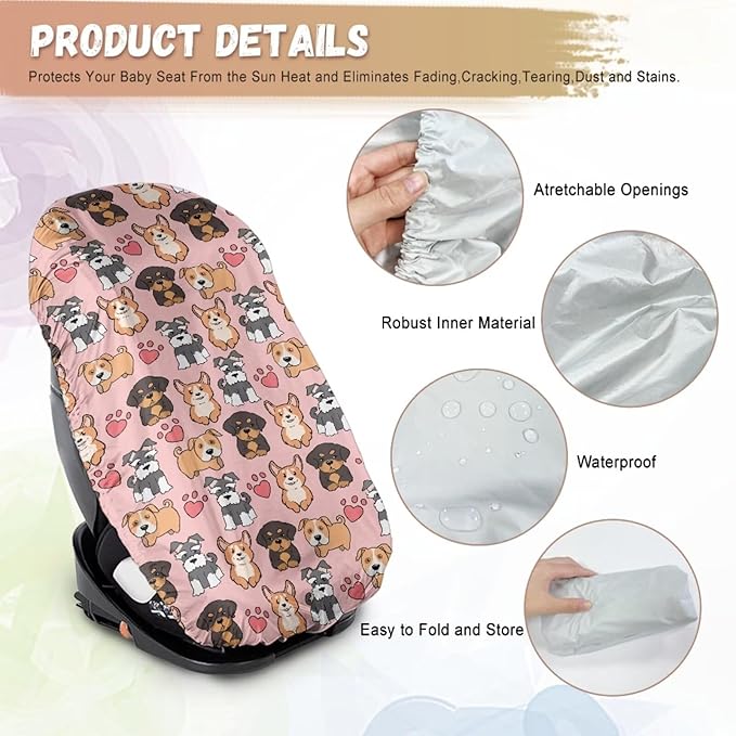 Car Seat Sun Shade Cover Dog Print Car Seat Cover Baby Carseat Covers Universal Baby Travel Accessories Keeps Baby's Carseat at Cooler Temperature, Blocks Out Heat & Sun UV Covers