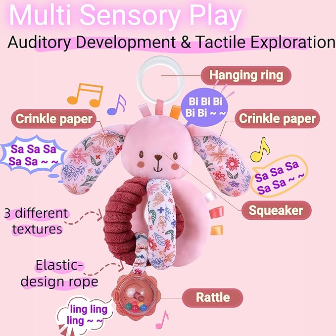 Baby Stroller Hanging Car Seat Toys for Infants 0-6 Months Girl 0-2-3-4-5-7-8-9-10 6-12 Month Old Newborn Gifts, Carseat Pink Plush Bunny Toy for Babies Play Gym Rattle Easter Basket Stuffers