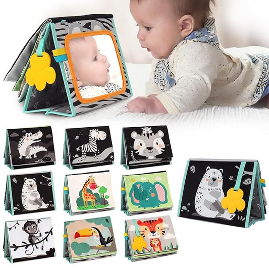 TINITIGIES Tummy Time Mirror for Babies - High Contrast Baby Mirror Book with Silicone Teether & Crinkle Pages - Tummy Time Toys for Babies 0 3 6 9 Months