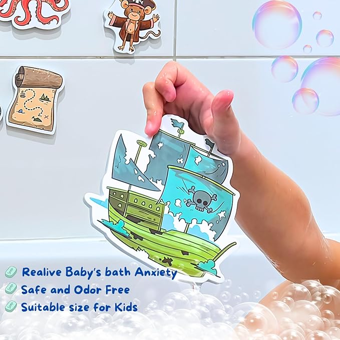 Foam Bath Toys with Storage Bag | Baby Bath Stickers | Shower Toys | Bathtub Toys | Bath Wall Toy Pirates Treasure Island Foam