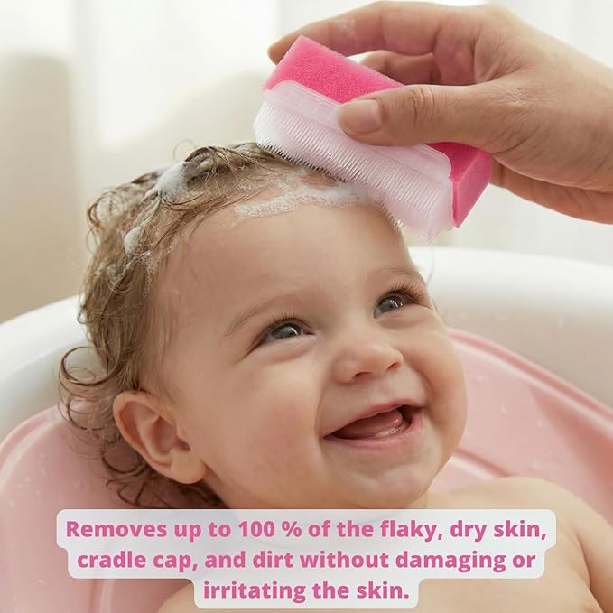 Cradle Cap Brush for Babies - Cradle Cap Treatment | Baby Sponge for Bathing | Baby Brush and Comb Set Newborn | Baby Comb & Scalp Scrubber (Set of 6 - Pink)