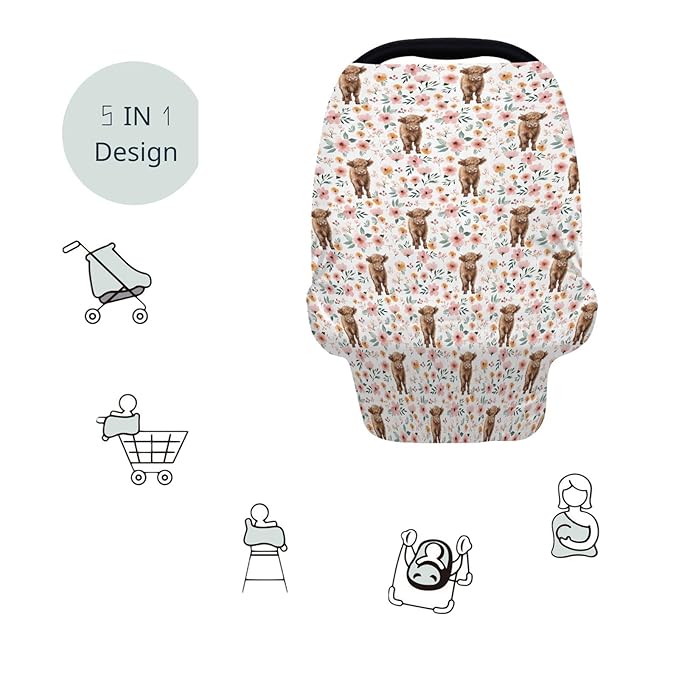 HawSkgFub Highland Cow Floral 5-in-1 Car Seat Cover for Baby Girl Cow Lover Gift, Western Cowgirl Retro Boho Flower Privacy Breastfeeding Nursing Cover, Newborn Infant Multi-use Carseat Canopy Carrier