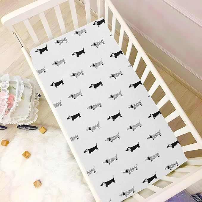 Fitted Crib Sheets Dachshund Black and White Dogs Stretchy Portable Playard Sheets for Baby Toddler, Breathable Soft Mini Crib Mattress 39 x 27 in for Boys and Girls