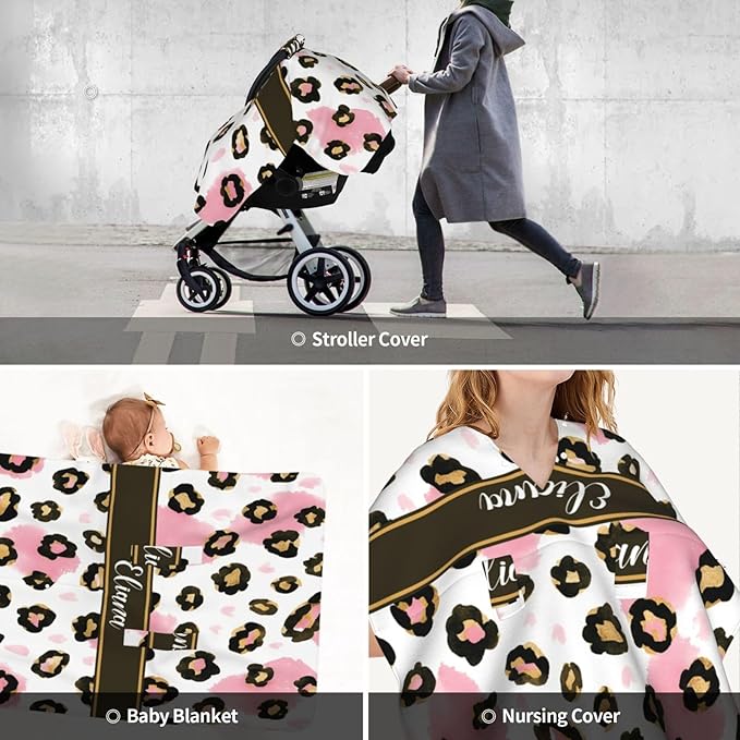 Custom Baby Car Seat Cover with Name – Personalized Leopard Print Nursing Cover, Infant Carseat Canopy, Shopping Cart Cover – Soft, Breathable & Warm – Ideal Shower Gift for Baby Girls