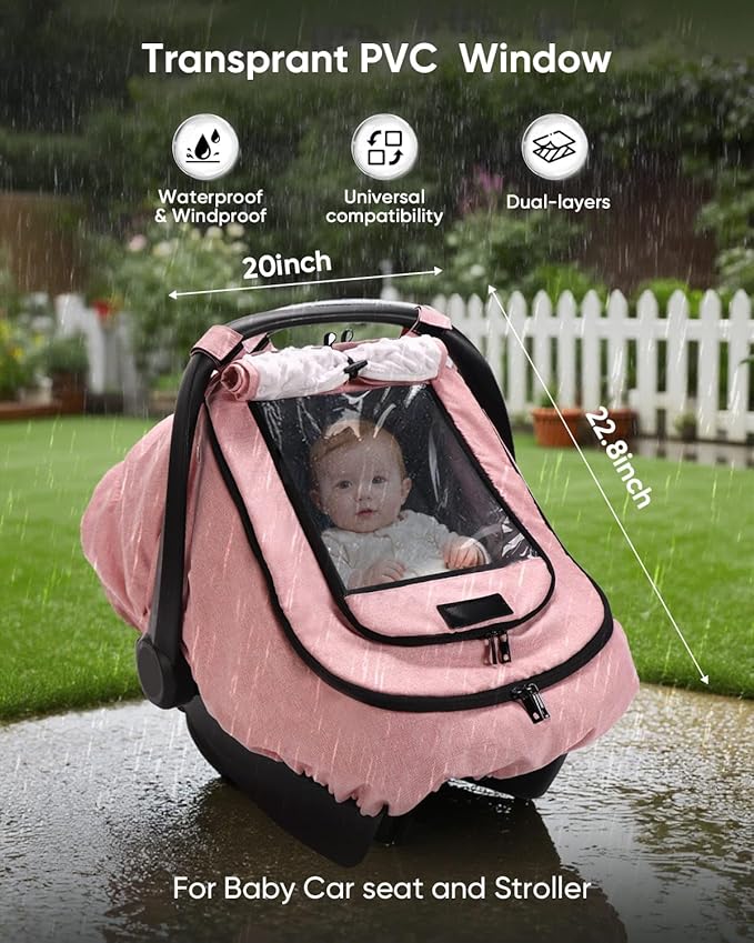 TinlyFinly Waterproof Car Seat Cover for Baby, 2-Layer Car Seat Rain Cover with Clear Window & Sunshade & Mesh Cover, Universal Infant Carseat Canopy for Stroller, Protect from Rain and Snow - Pink
