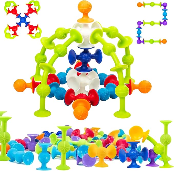 48 Piece Suction Cup Toys Construction Set - Silicone Building Blocks DIY Fun Bath Toys for Kids Ages 3+, Travel Essentials for Toddlers , PopDarts Sensory Toys for Autistic Children OT