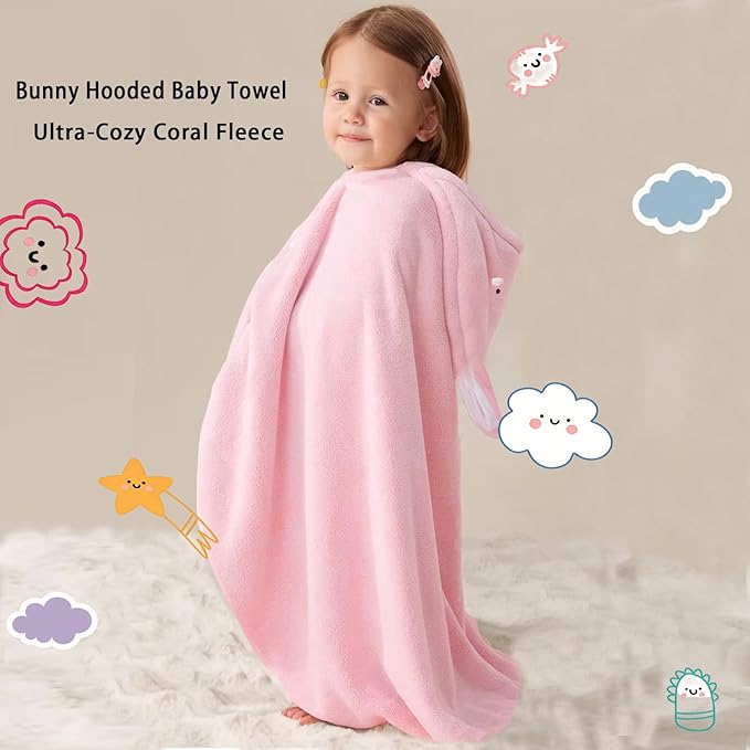Toddler Baby Bath Towel with Hood 27.5"X55" Ultra Absorbent Soft Cozy Comfort Bathrobe Blanket, 0-6 Years Infant Shower Towel for Girls & Boys(Rainbow Pink)