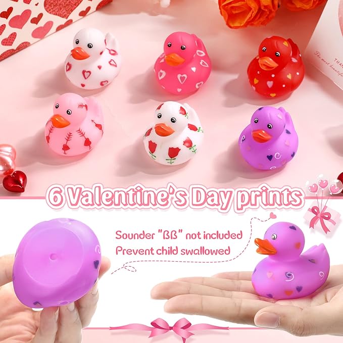 Jerify 24 Pcs 2 Inch Valentine's Day Rubber Duckies Bulk Mini Heart Rubber Ducks for Kids Bathtub Toys Classroom Prizes Birthday Wedding Party Favors Gifts Goodie Bag Fillers, 6 Styles (Cute)