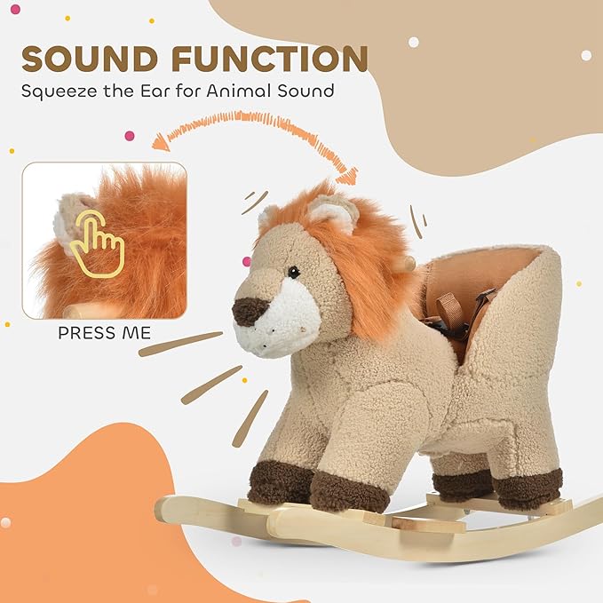 Qaba Baby Rocking Horse Lion with Sound, Plush Stuffed Rocking Animals, Wooden Rocking Horse with Seat Belt for 18-36 Months Boys and Girls Gift, Brown