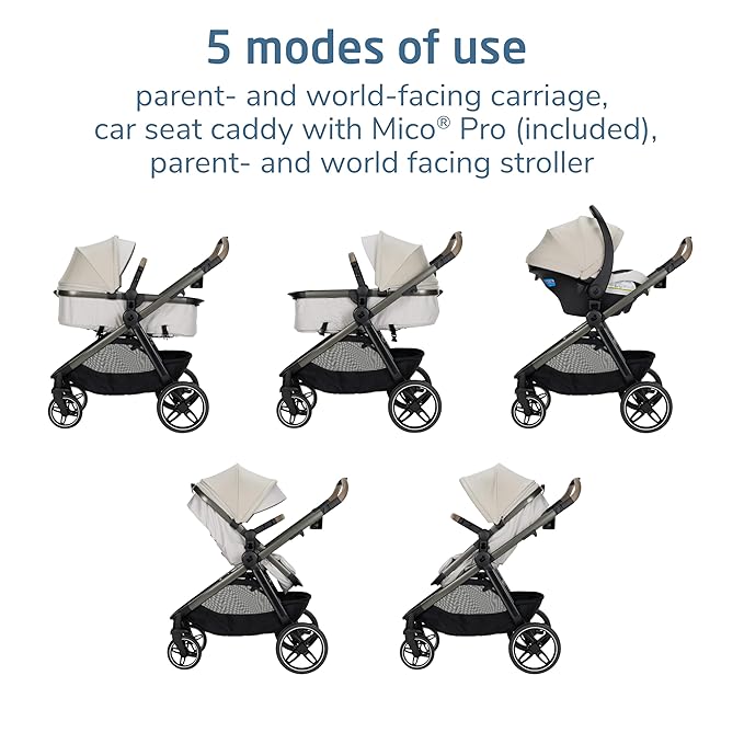 Maxi-Cosi Zelia Pro 5-in-1 Travel System with Mico Pro Infant Car Seat, Baby Stroller Combo, Reversible Seat, Large Wheels, Adjustable Handle, Newborn to Toddler, Lightweight, Classic Oat