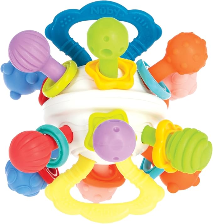 Nuby Twist Ball Teether Activity Toy with Rattle and Fun Bright Colors - Montessori Sensory Toy Develops Fine Motor Skills - 3 + Months - Easter Basket Stuffer