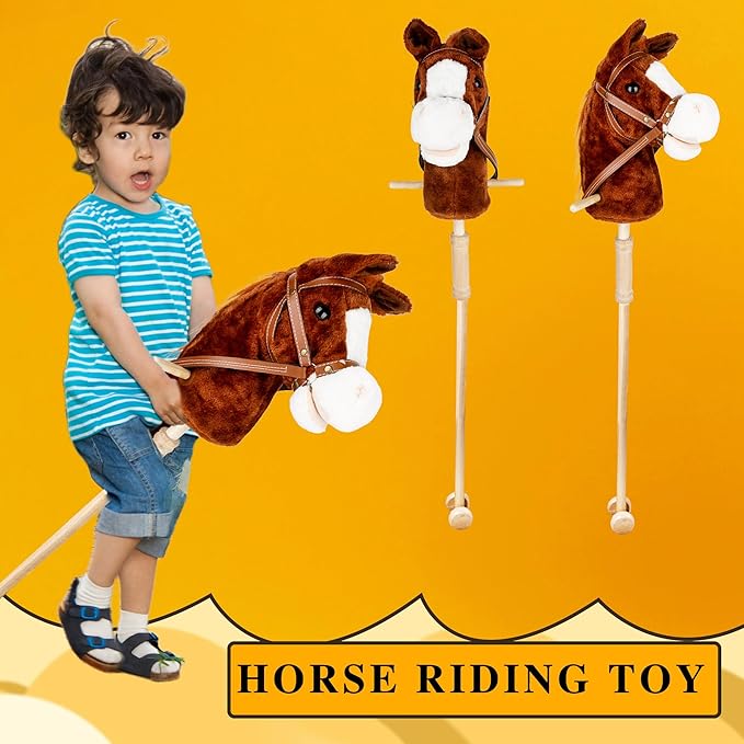 37 Inch Plush Stick Horse Handsewn Head Hobby Horse on a Stick Horses Ride on a Stick Toy with Wooden Wheels and Real Pony Clip-Clop Sounds for Pretend Play Kids Gift (Color Set 3)
